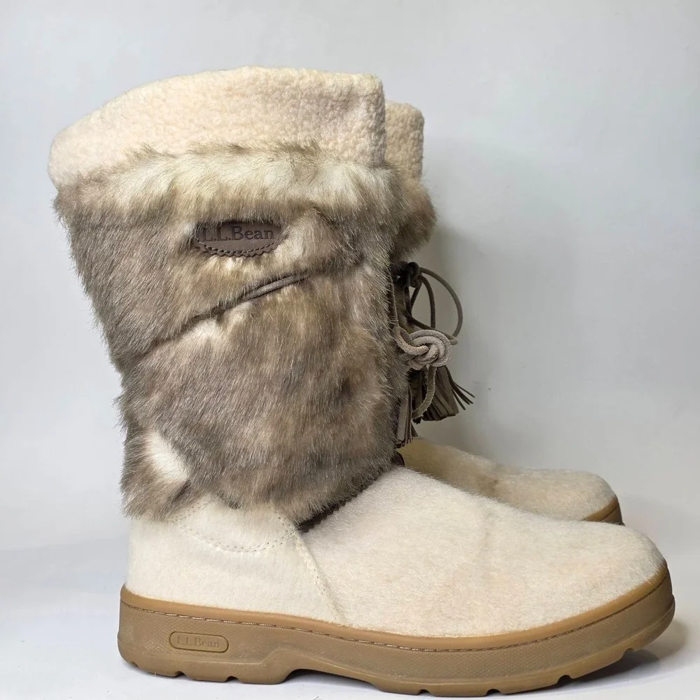 L.L. Bean Winter Snow Boots Women's Size 10 Ivory Cream Brown Faux Fur Shoes